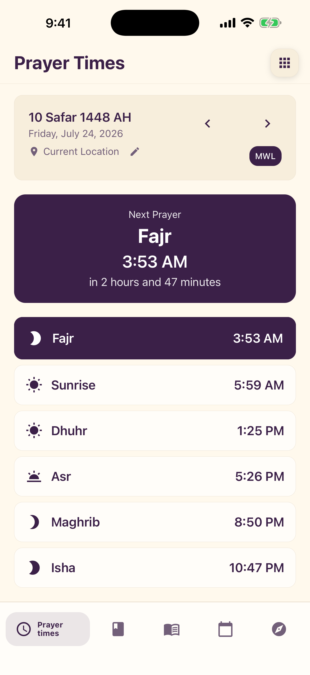 MuslimOS prayer times screen